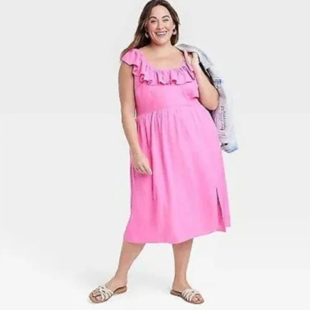 Ava & Viv Pink Ruffle Neck Empire Waist Linen Rayon Midi Dress NWT 2X